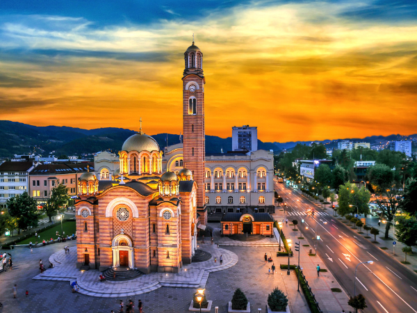 Christ the Saviour Orthodox Cathedral in Banja Luka Bosnia and Herzegovina at sunset