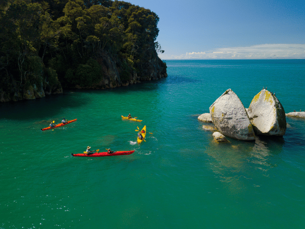 Kayaking near Split Apple Rock in Abel Tasman with a dmc in New Zealand.