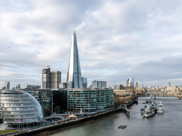 Aerial view of the River Thames and London city, highlighting key destinations managed by a DMC in Britain.